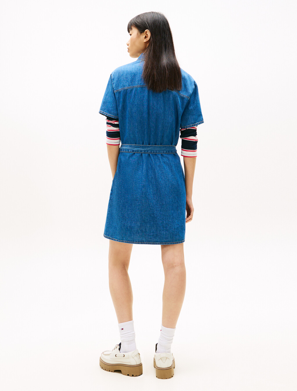 Chambray Belted Mini Shirt Dress, Denim Medium, hi-res