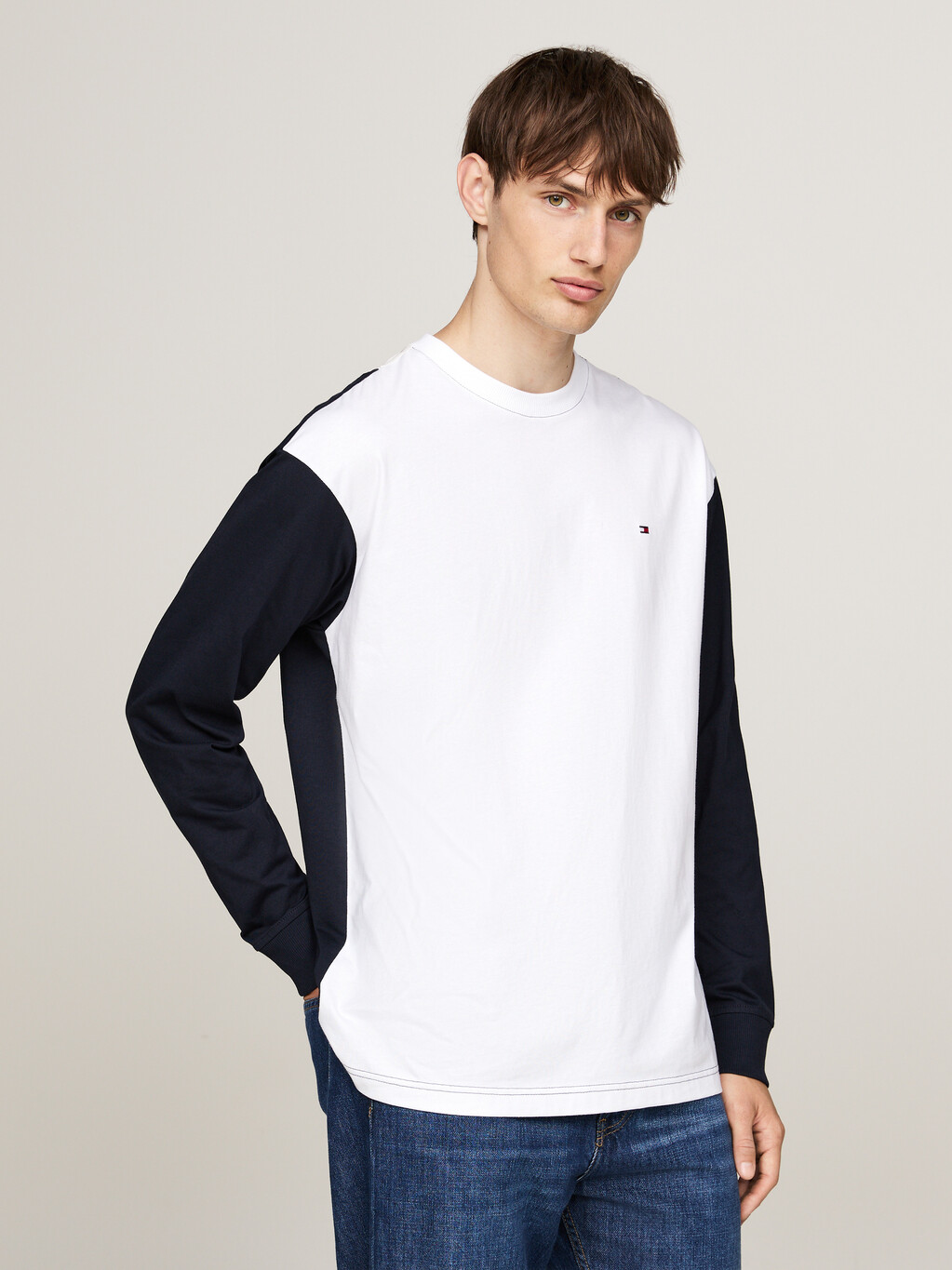 Colour-Blocked Relaxed Long Sleeve T-Shirt, White, hi-res