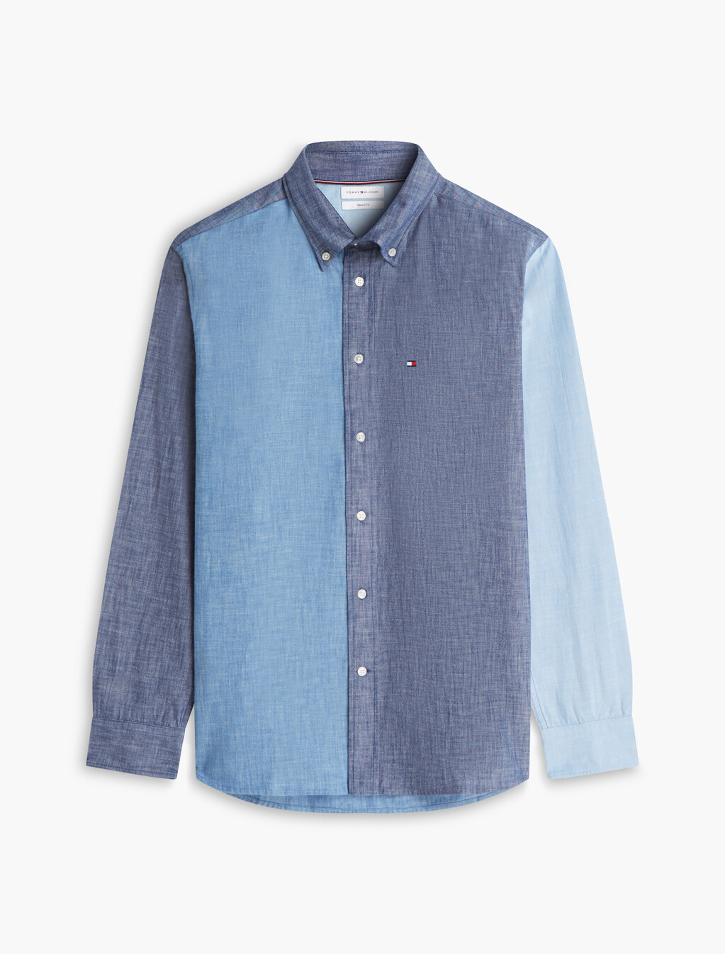 Relaxed Fit Colour-Blocked Chambray Shirt, Mid Blue / Check, hi-res