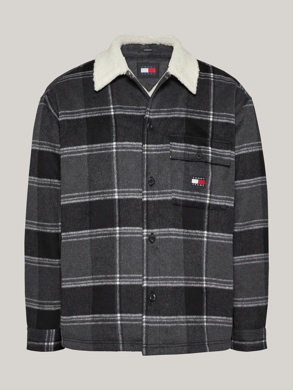 Sherpa Collar Check Casual Overshirt, Black Check, hi-res