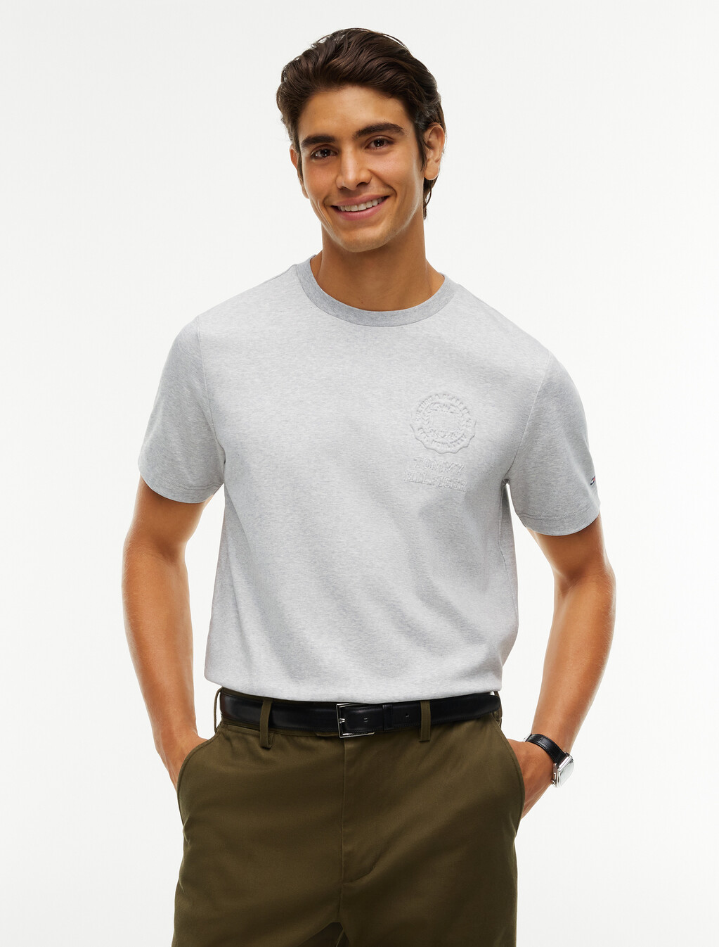 Embossed Logo Interlock Knit T-Shirt, Light Grey Heather, hi-res