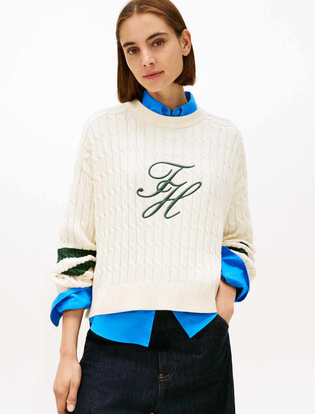 Logo Embroidery Relaxed Cable Knit Jumper, Calico, hi-res