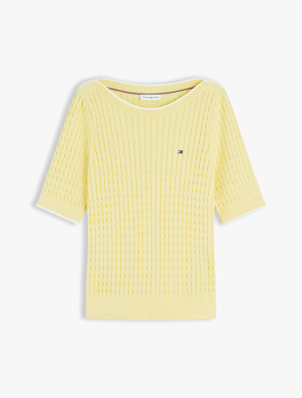 Cable Knit Boat Neck Short Sleeve Jumper, Citronella, hi-res