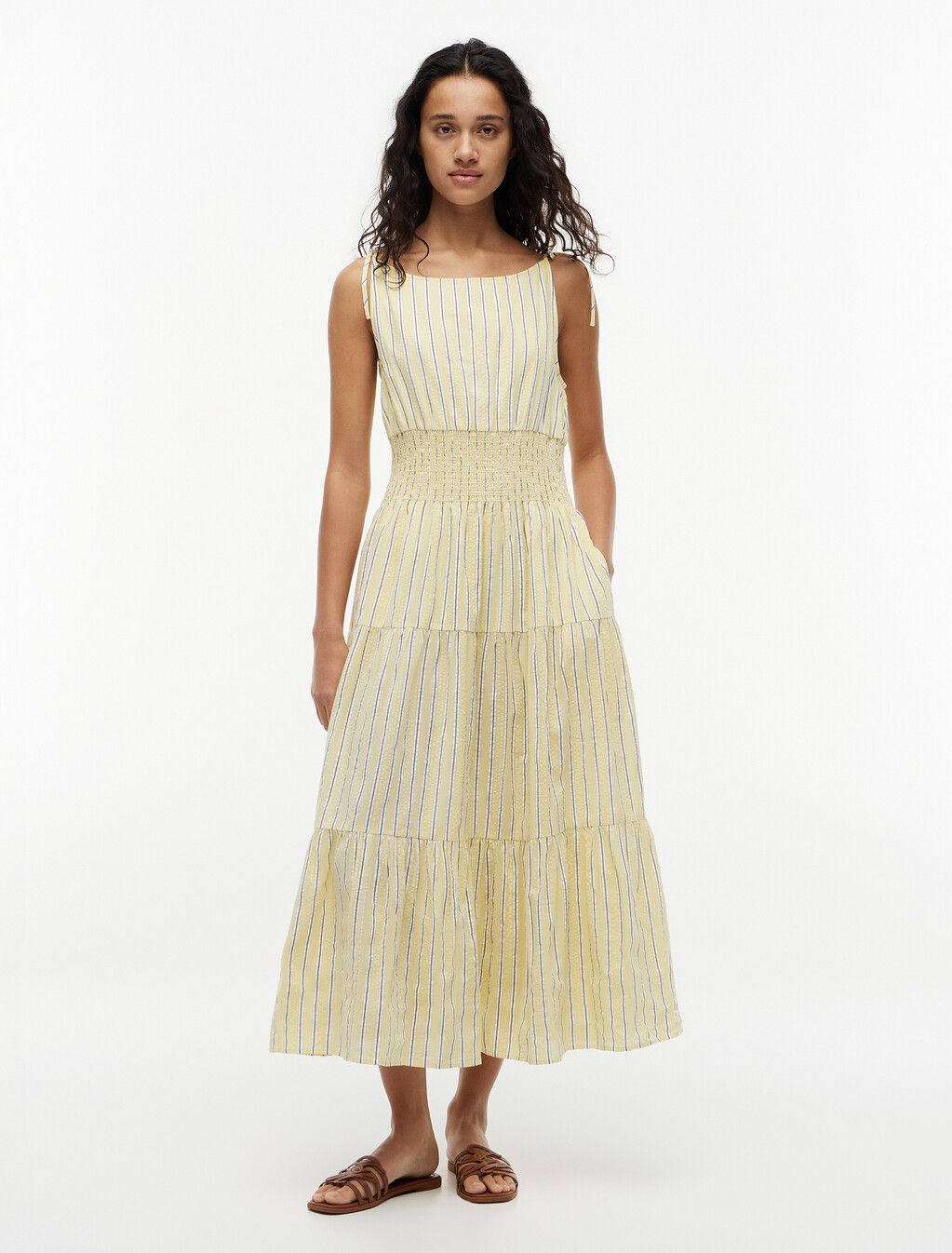 Self-Tie Strap Smock Midi Dress, Liquorice Stp Citronella, hi-res