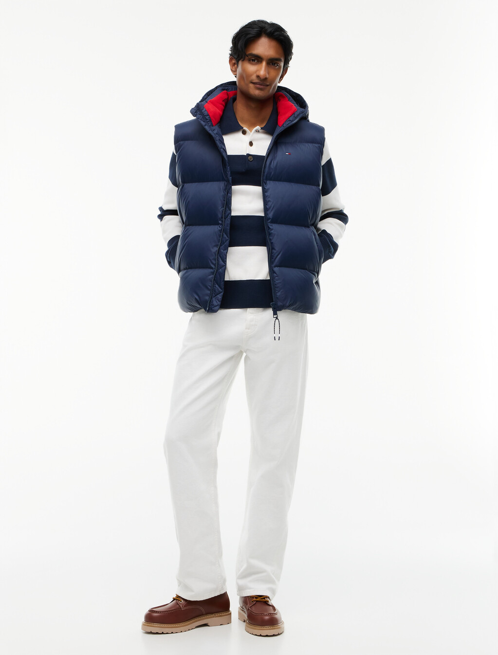 Down Hooded Zip-Thru Vest, Dark Night Navy, hi-res