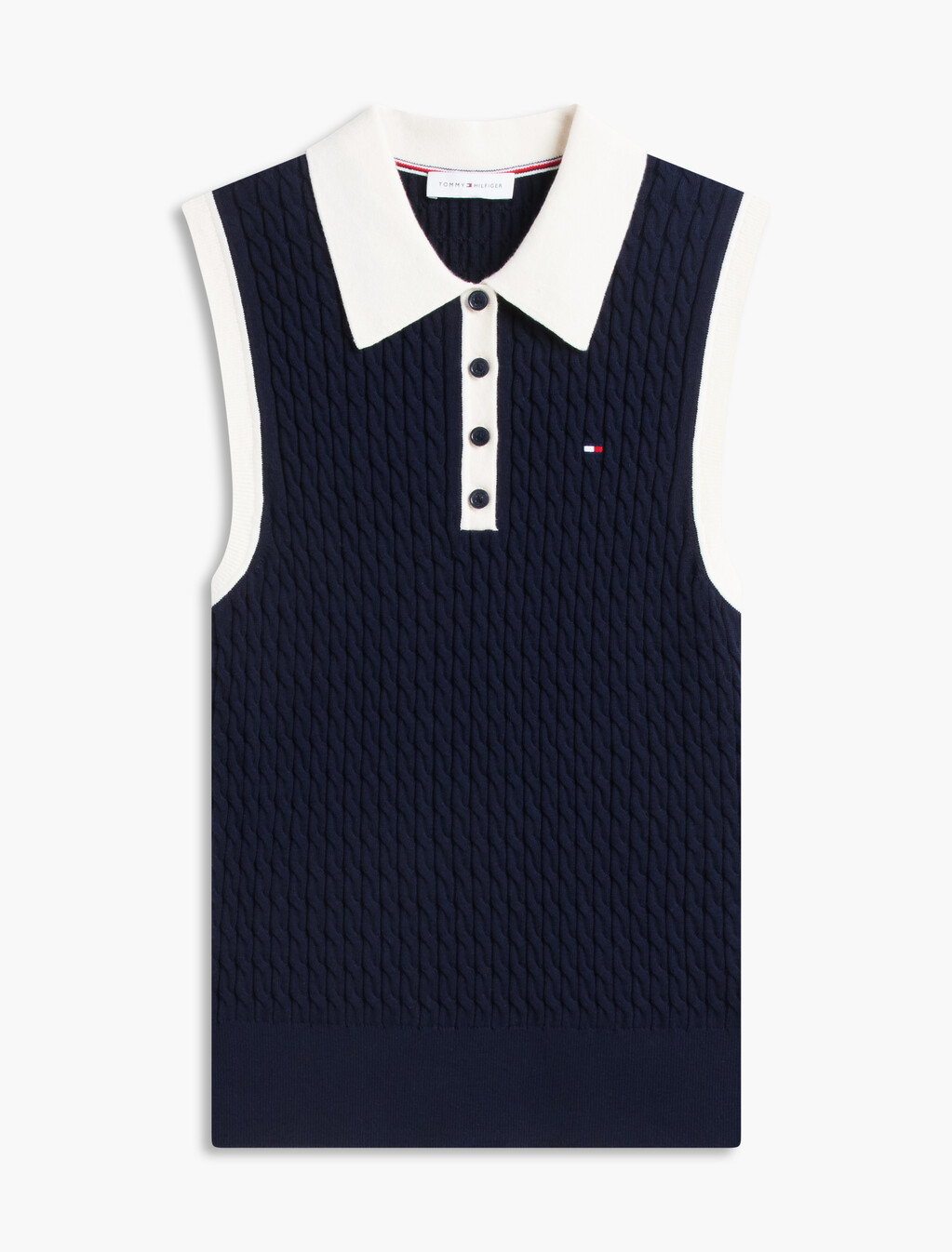 Cable Knit Contrast Sleeveless Polo Jumper, Dark Night Navy, hi-res