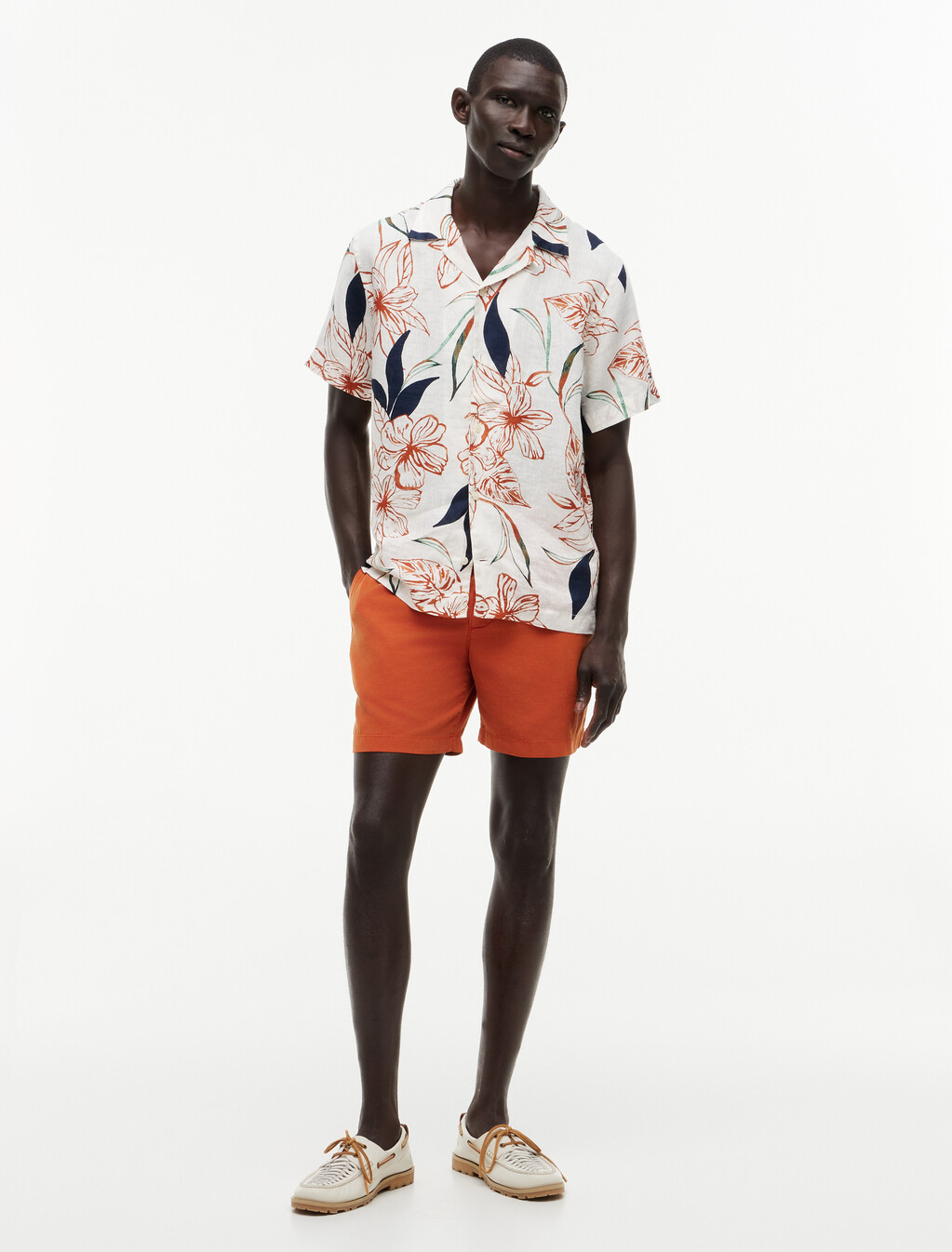 Regular Tropical Print Linen Short Sleeve Shirt, Ivory Petal / Allover, hi-res