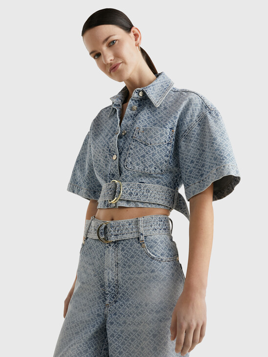 CROPPED MONOGRAM SHORT SLEEVE DENIM SHIRT