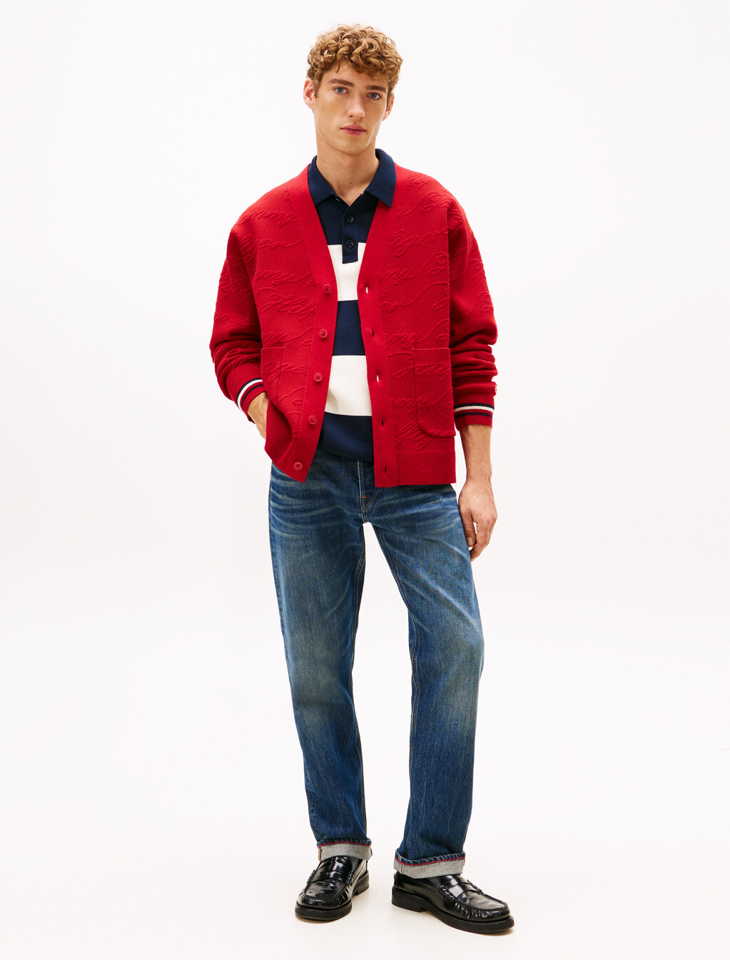 Jacquard V Neck Cardigan, Arizona Red, hi-res