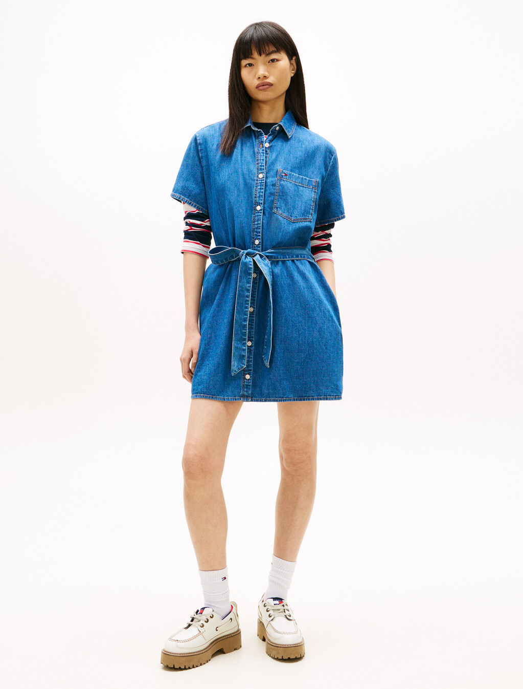 Chambray Belted Mini Shirt Dress, Denim Medium, hi-res