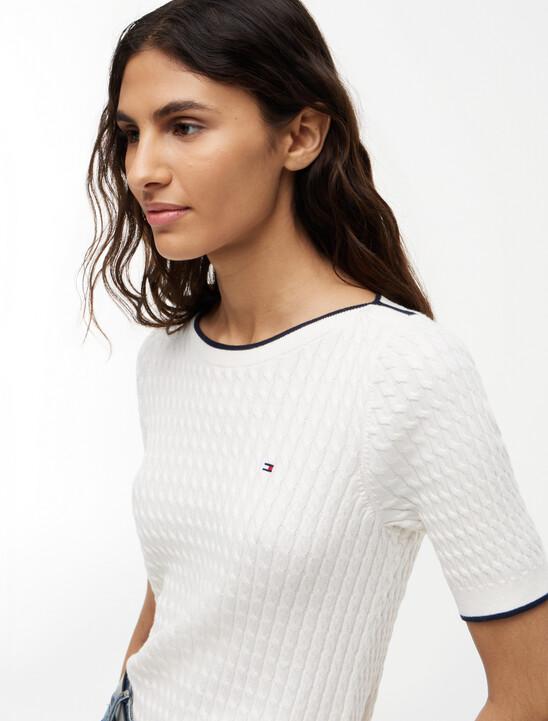Cable Knit Boat Neck Short Sleeve Jumper