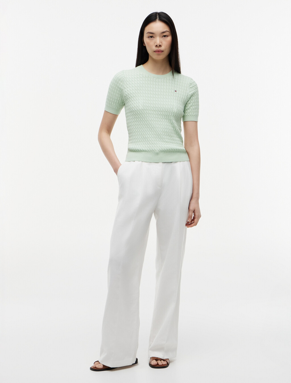 Fine Gauge Cable Knit Short Sleeve Jumper, Gentle Jade, hi-res
