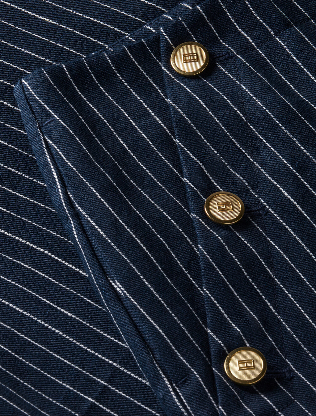 Pinstripe Gold-Tone Button Wide Leg Trousers With Linen, Pin Stripe Navy, hi-res