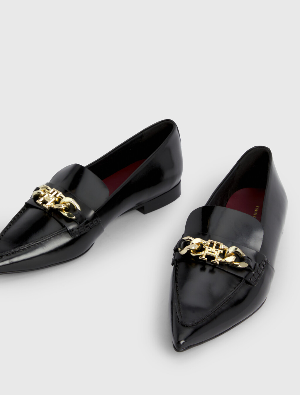 Leather Pointed Toe Chain Ballerinas, Black, hi-res
