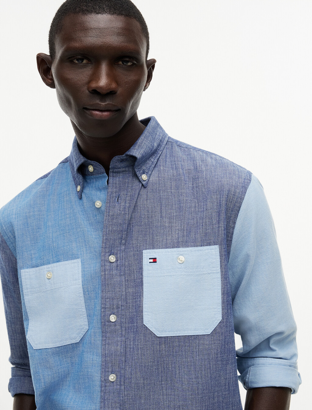 Relaxed Fit Colour-Blocked Chambray Shirt, Mid Blue / Check, hi-res