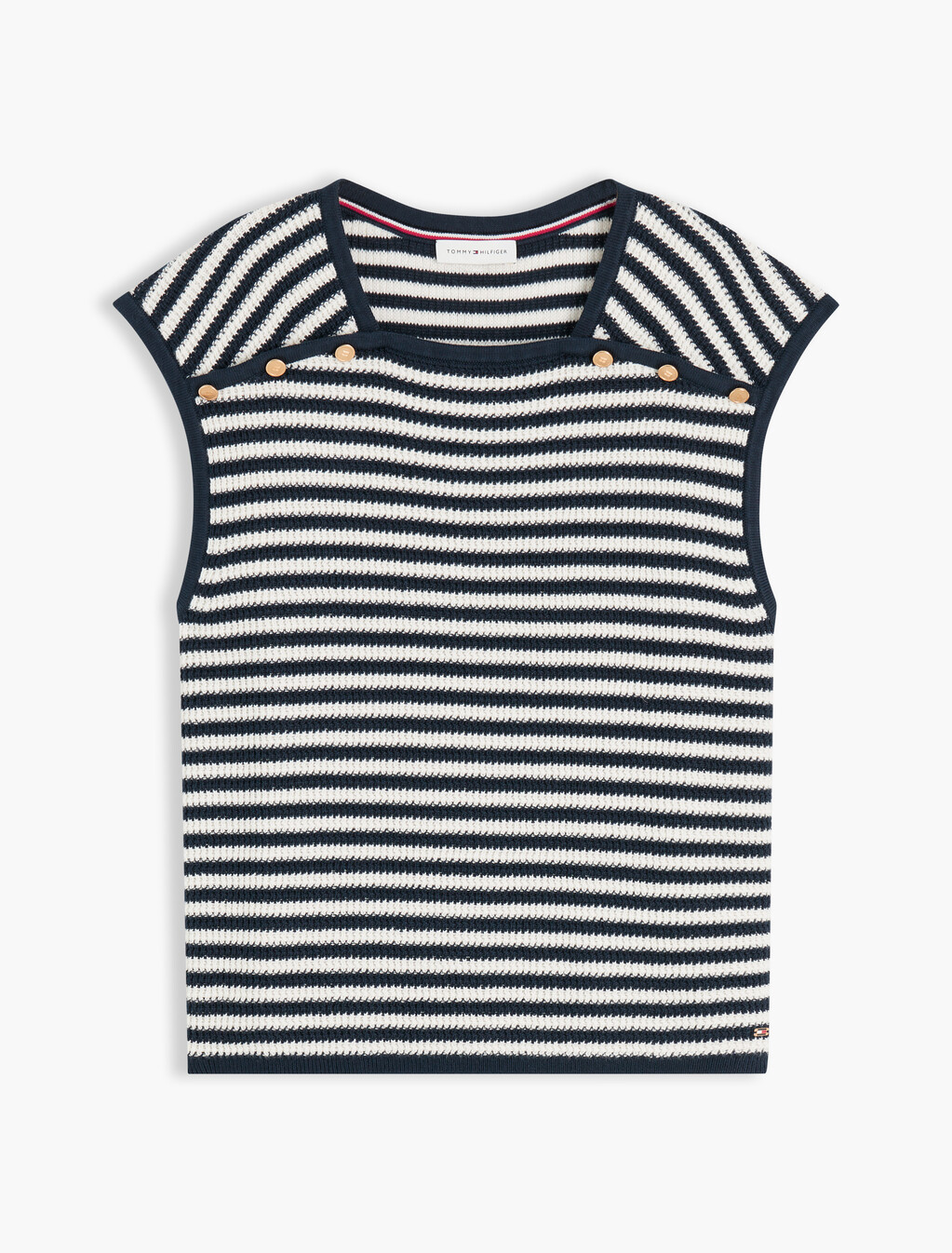 Gold-Tone Button Square Neck Top, Ivory Petal/Dark N Navy Stp, hi-res