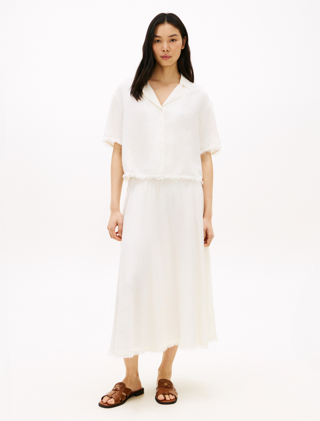 Pleated Linen Blend Midi A-Line Skirt, Ivory Silk, hi-res