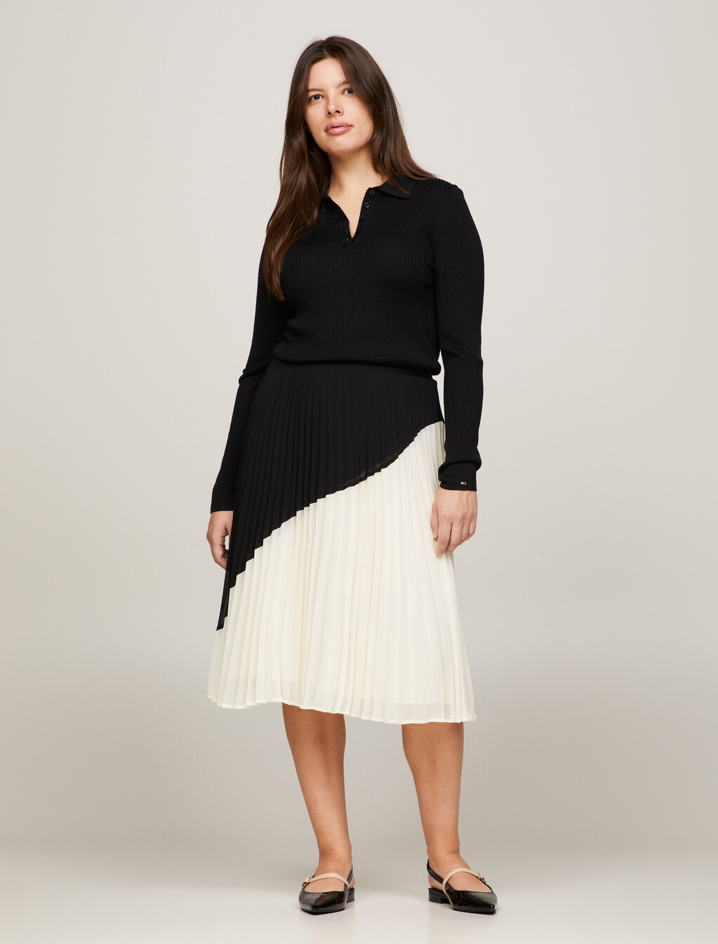 Colour-Blocked Pleated Flare Midi Skirt, Black/ Calico Colorblocked, hi-res