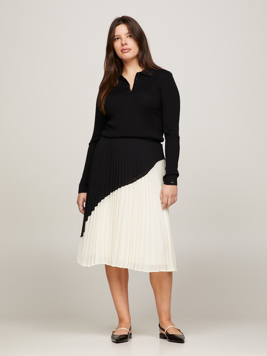 Colour-Blocked Pleated Flare Midi Skirt