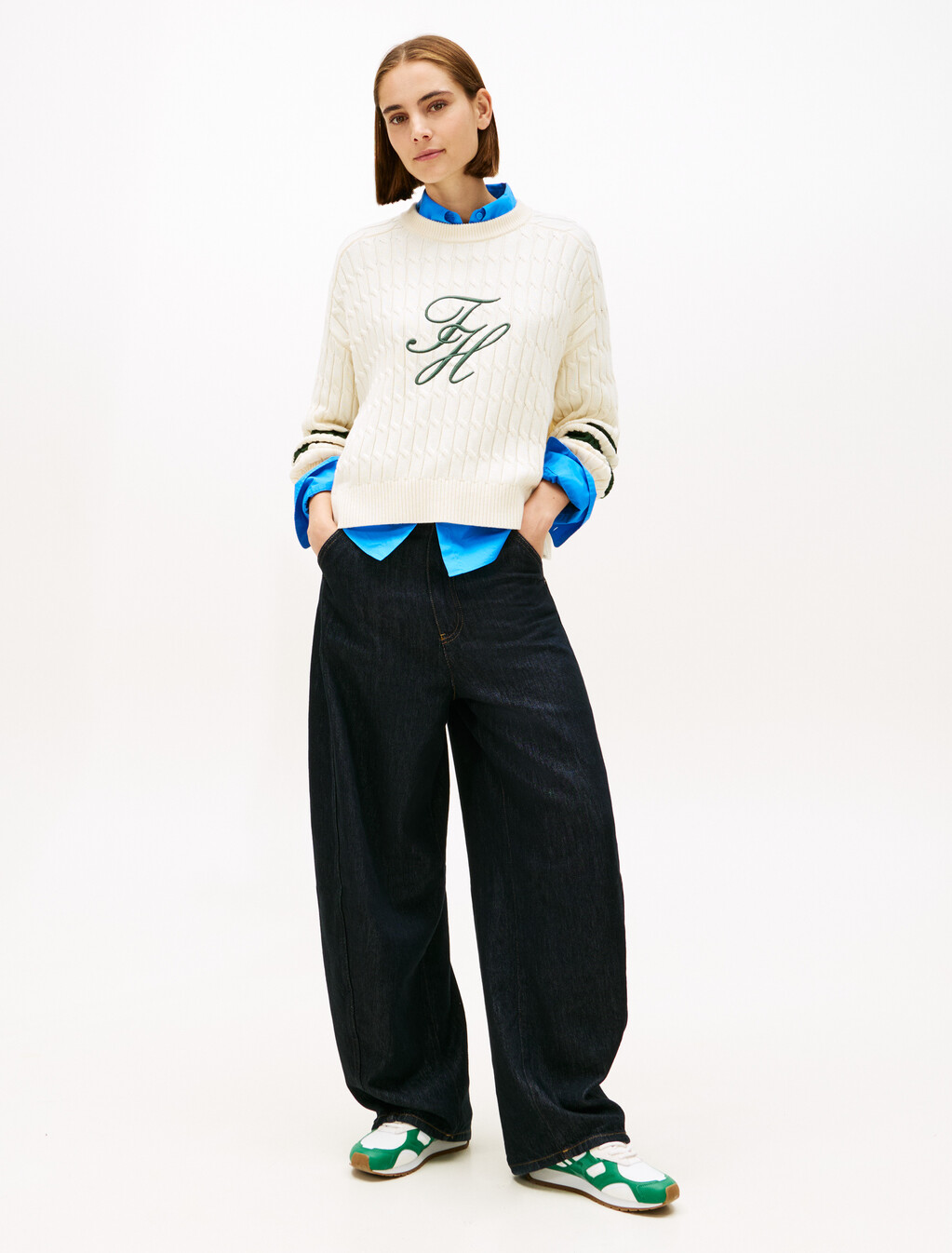 Logo Embroidery Relaxed Cable Knit Jumper, Calico, hi-res
