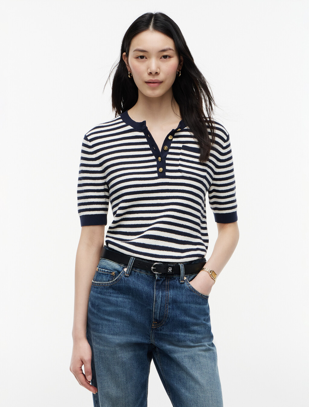 Gold-Tone Button Henley Short Sleeve Jumper, Ivory Petal/Dark N Navy Stp, hi-res