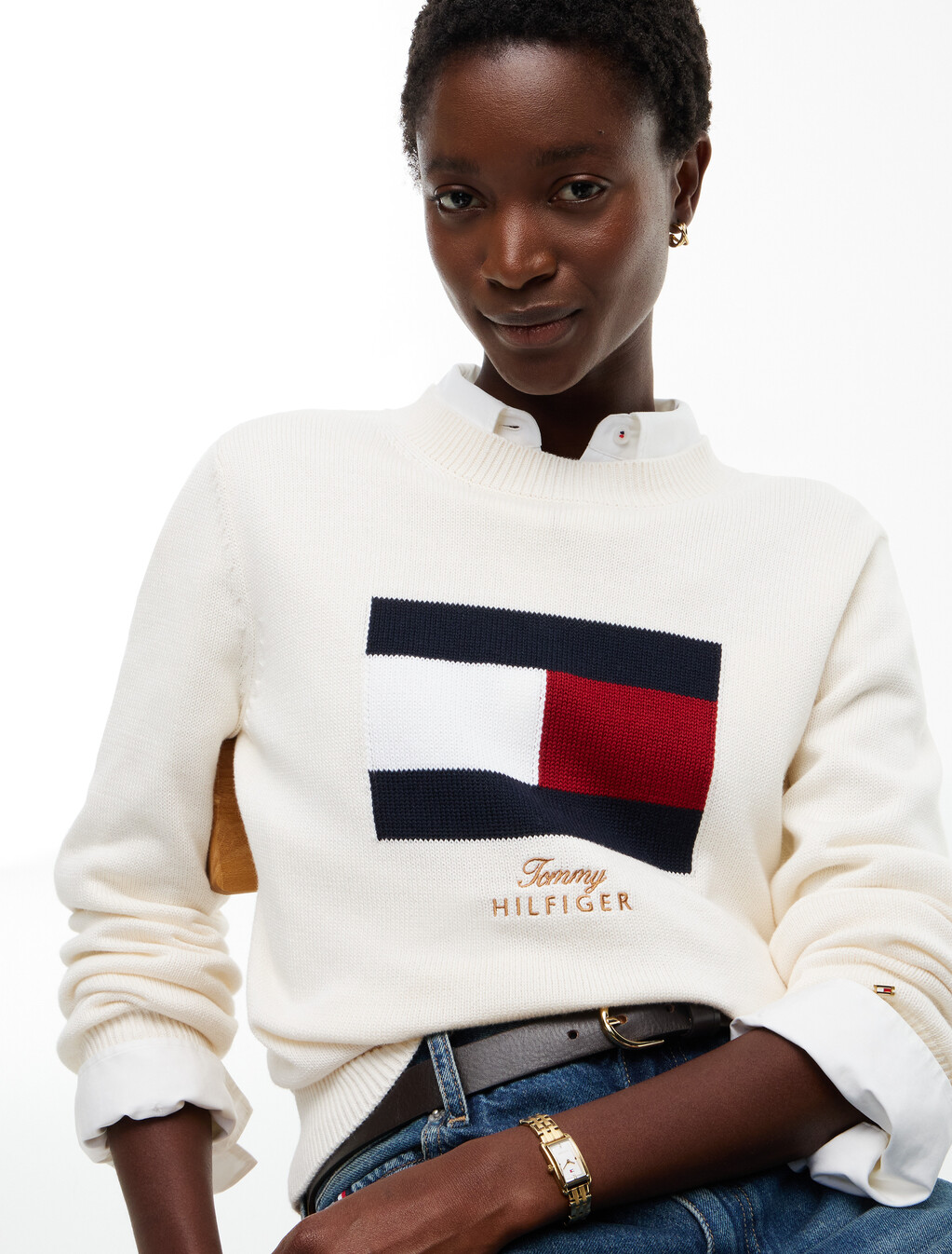 Intarsia Flag Crew Neck Jumper, Ivory Petal, hi-res