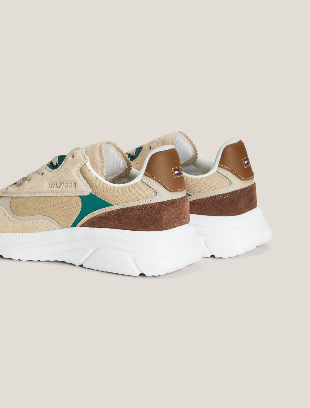 Suede Logo Debossed Runner Trainers, Beige, hi-res