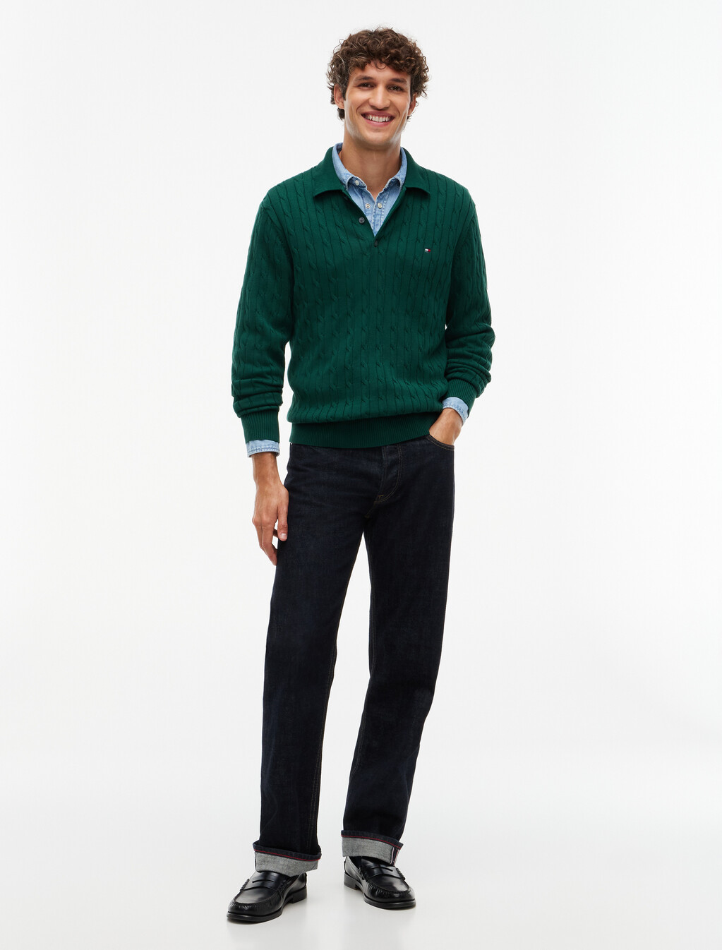 Cable Knit Polo Jumper, Ornamental Green, hi-res