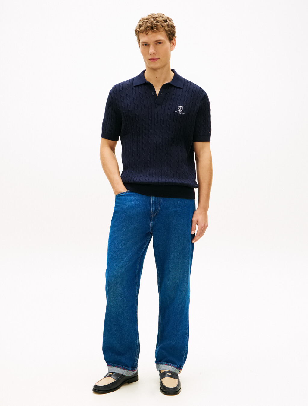 Regular Fit Embroidery Cable Knit Polo Shirt, Desert Sky, hi-res