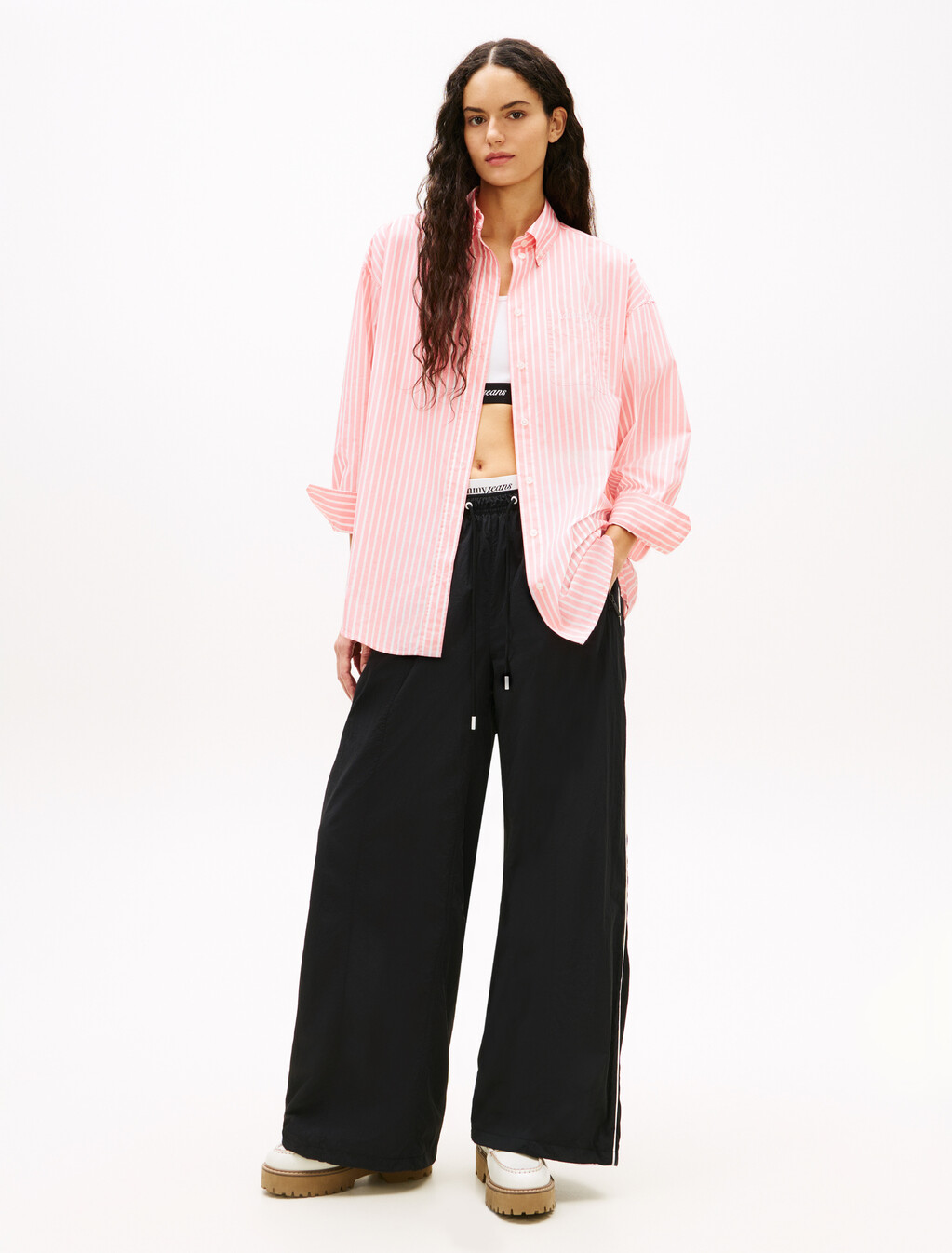 Oversized Fit Logo Embroidery Poplin Shirt, Tropical Blush / Stripe, hi-res