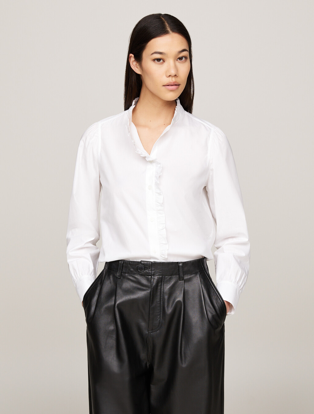 Ruffle Mock Turtleneck Regular Fit Shirt, Th Optic White, hi-res