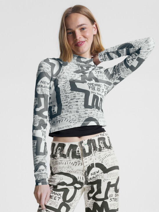 TOMMY X KEITH HARING EXHIBITION POSTER PRINT MESH LONG SLEEVE TOP