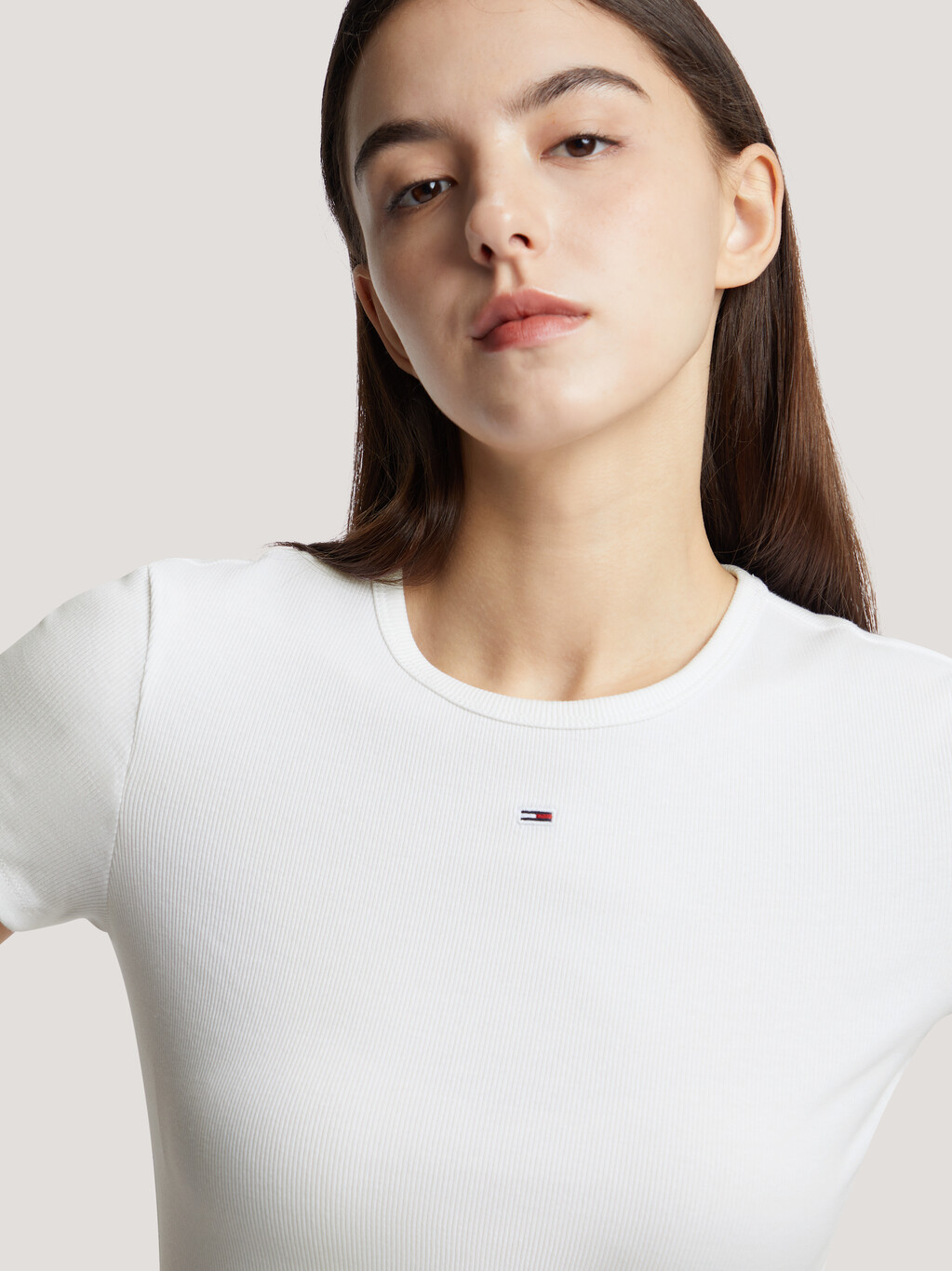 Essential Rib Knit Slim T-Shirt, White, hi-res