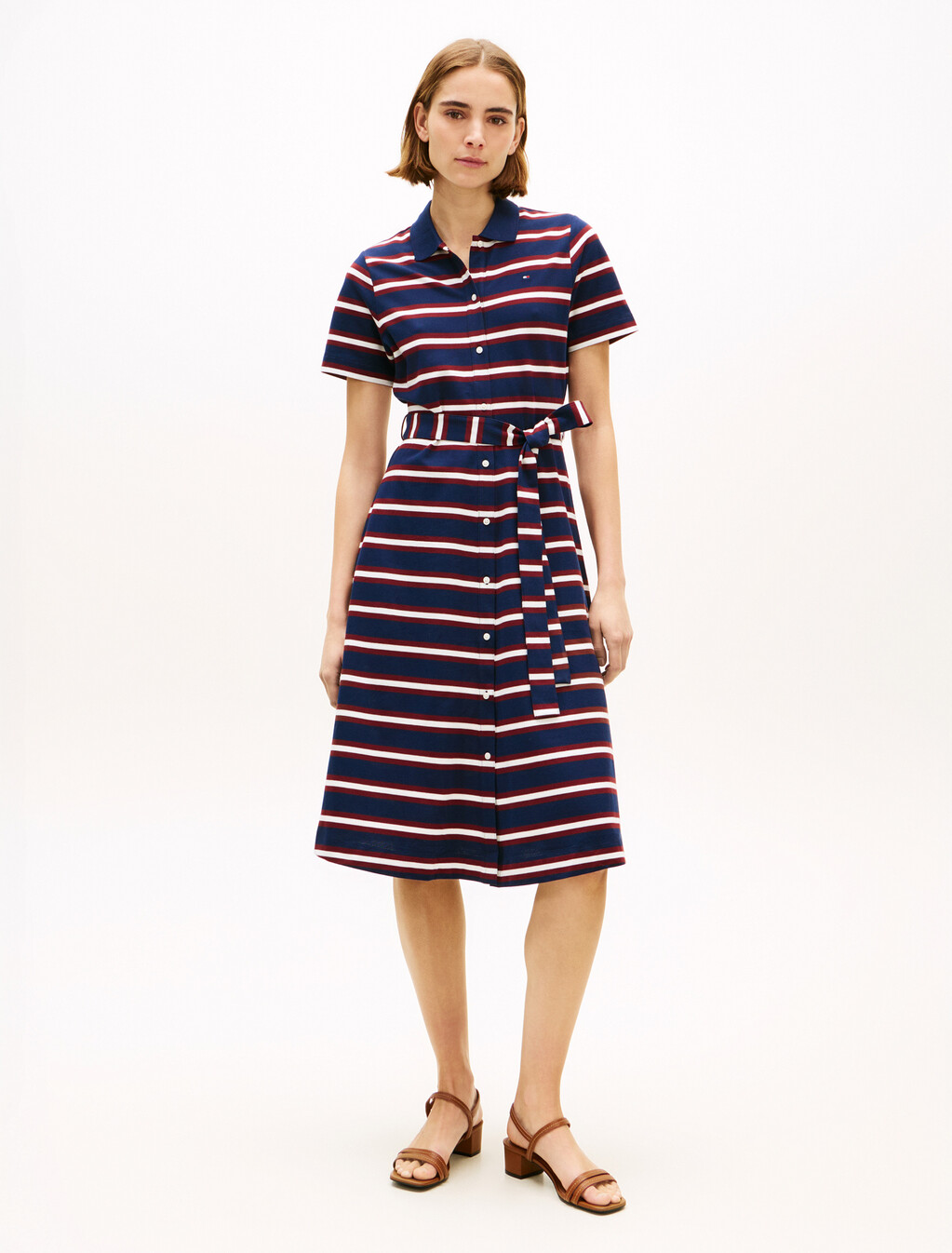 Fit & Flare Midi Polo Dress, Preppy Stripe Dark Night Navy, hi-res