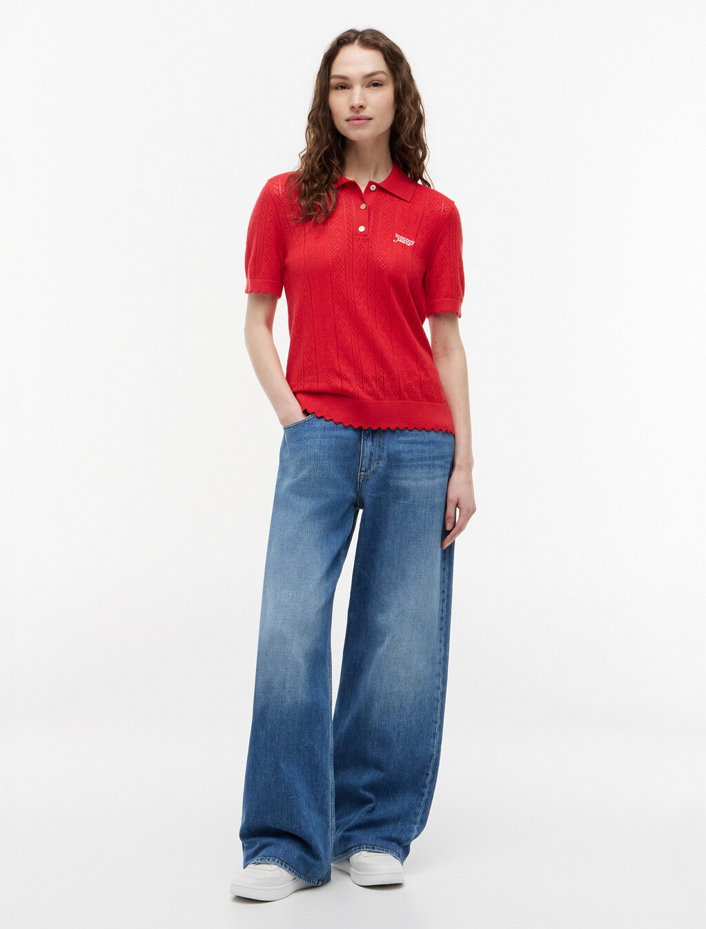Pointelle Flag Short Sleeve Polo Jumper, Amaryllis Red, hi-res