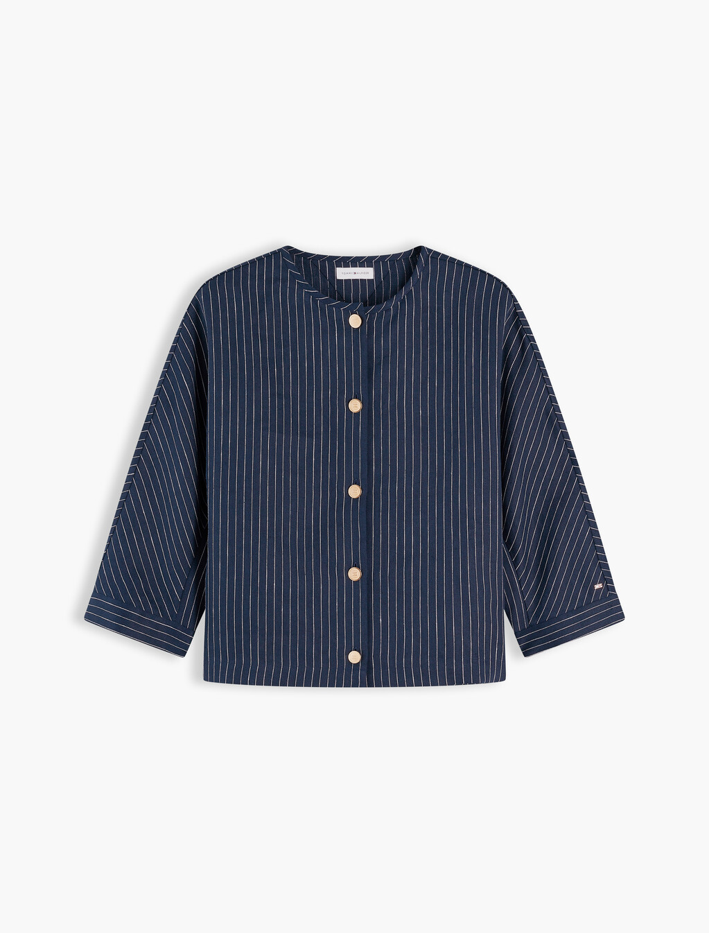Relaxed Gold-Tone Button Pinstripe Blouse, Pin Stripe Navy, hi-res