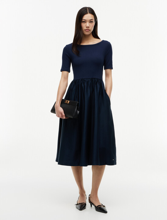 Gold-Tone Button Ribbed Midi Flare Dress