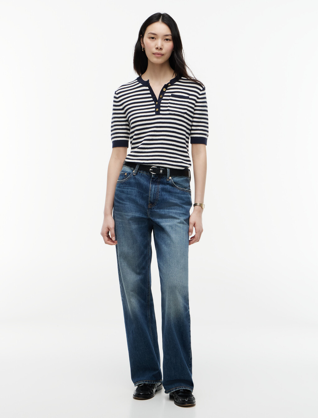 Gold-Tone Button Henley Short Sleeve Jumper, Ivory Petal/Dark N Navy Stp, hi-res