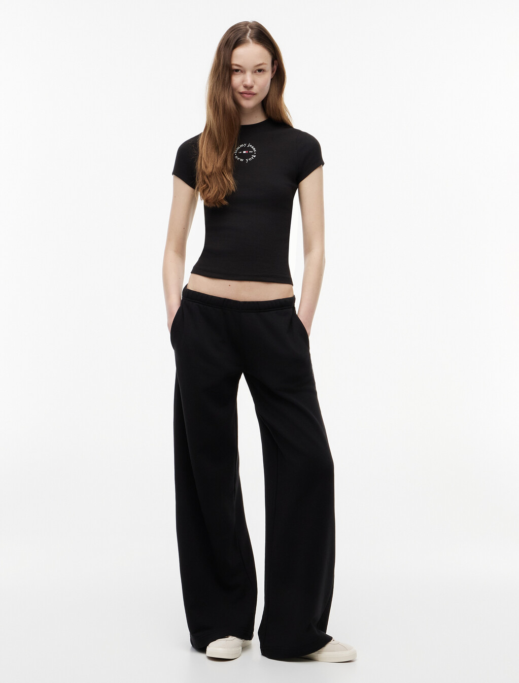 Essential Logo Slim Rib Knit T-Shirt, Black, hi-res