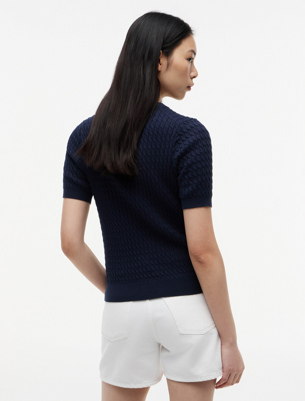 Fine Gauge Cable Knit Short Sleeve Jumper, Dark Night Navy, hi-res