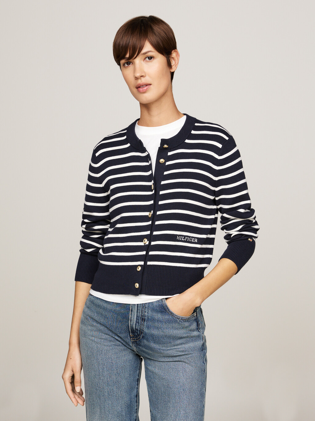 Stripe Slim Cardigan, Breton Stp Ivory Petal/  Dsrt Sky, hi-res