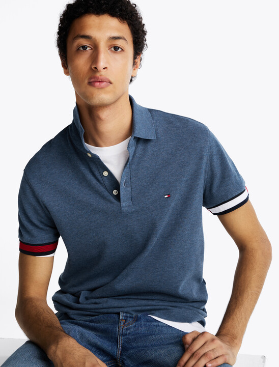 Flag Cuff Slim Polo, Faded Indigo Heather Flag Cuff Slim Polo