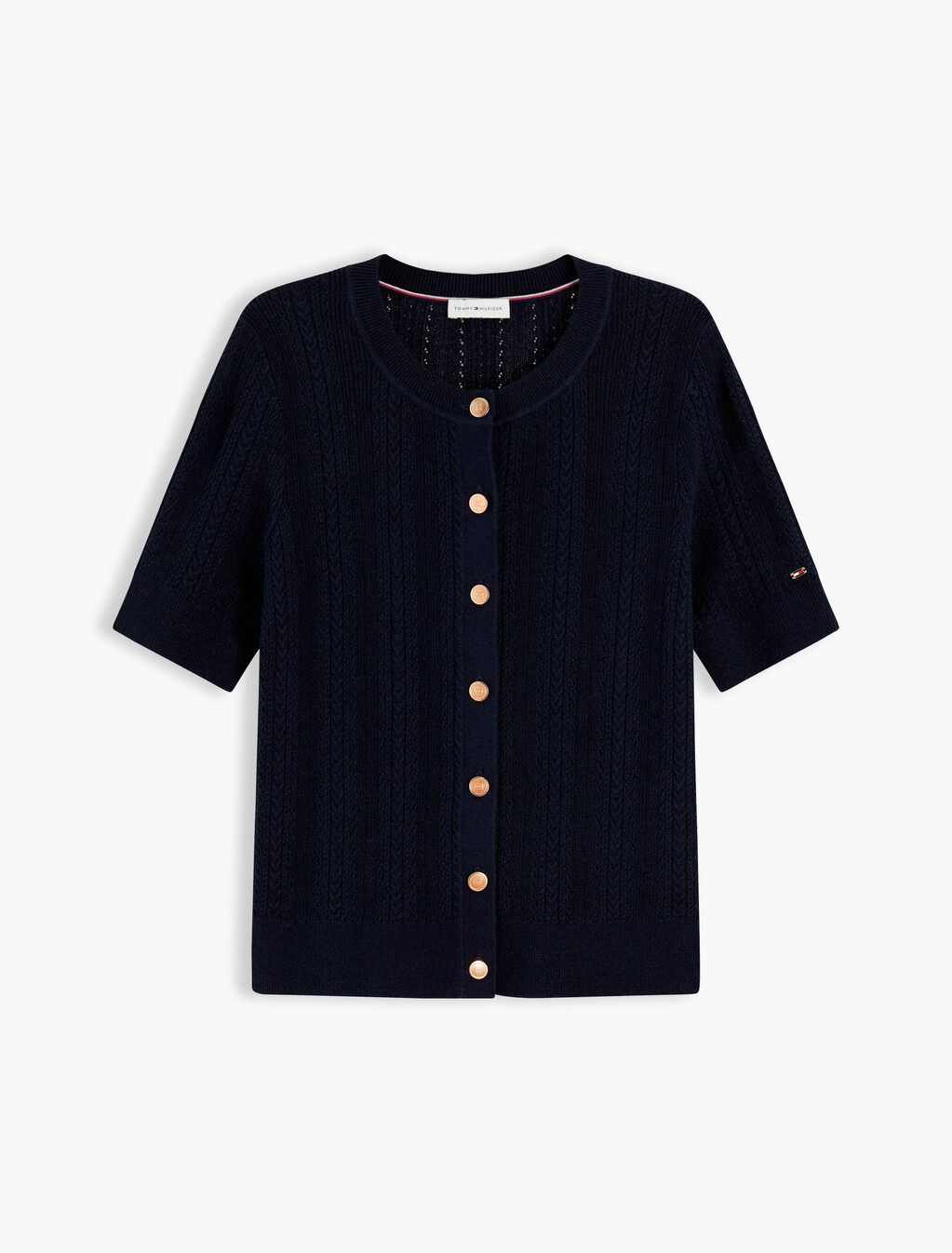 Pointelle Gold-Tone Button Short Sleeve Cardigan, Dark Night Navy, hi-res