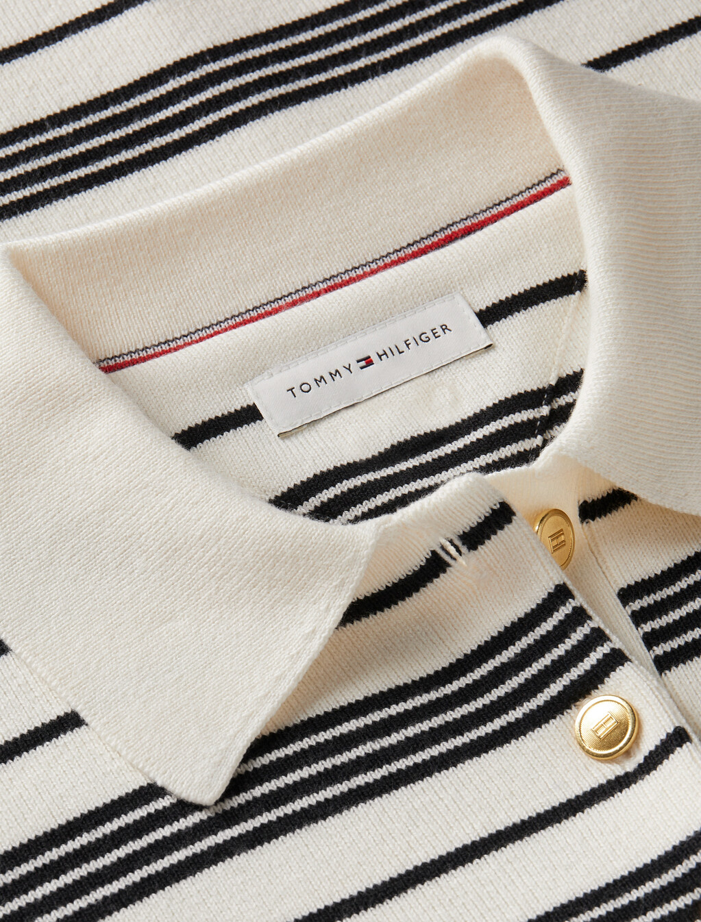 Premium Knit Gold-Tone Button Polo Jumper, Broken Stripe Ecru / Black, hi-res