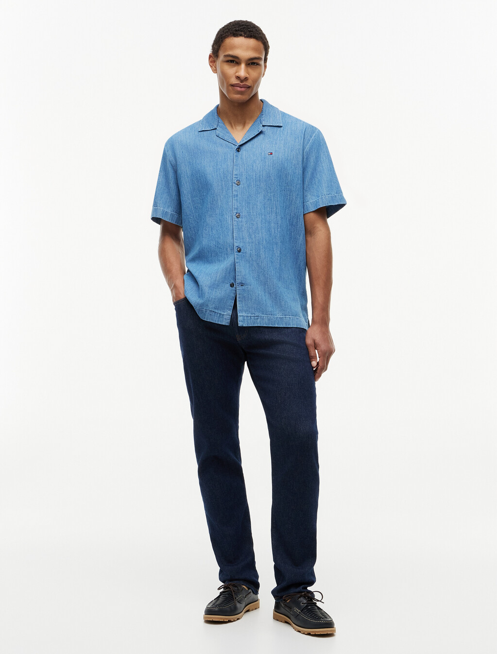 Relaxed Fit Short Sleeve Denim Shirt, Mid Blue Denim, hi-res