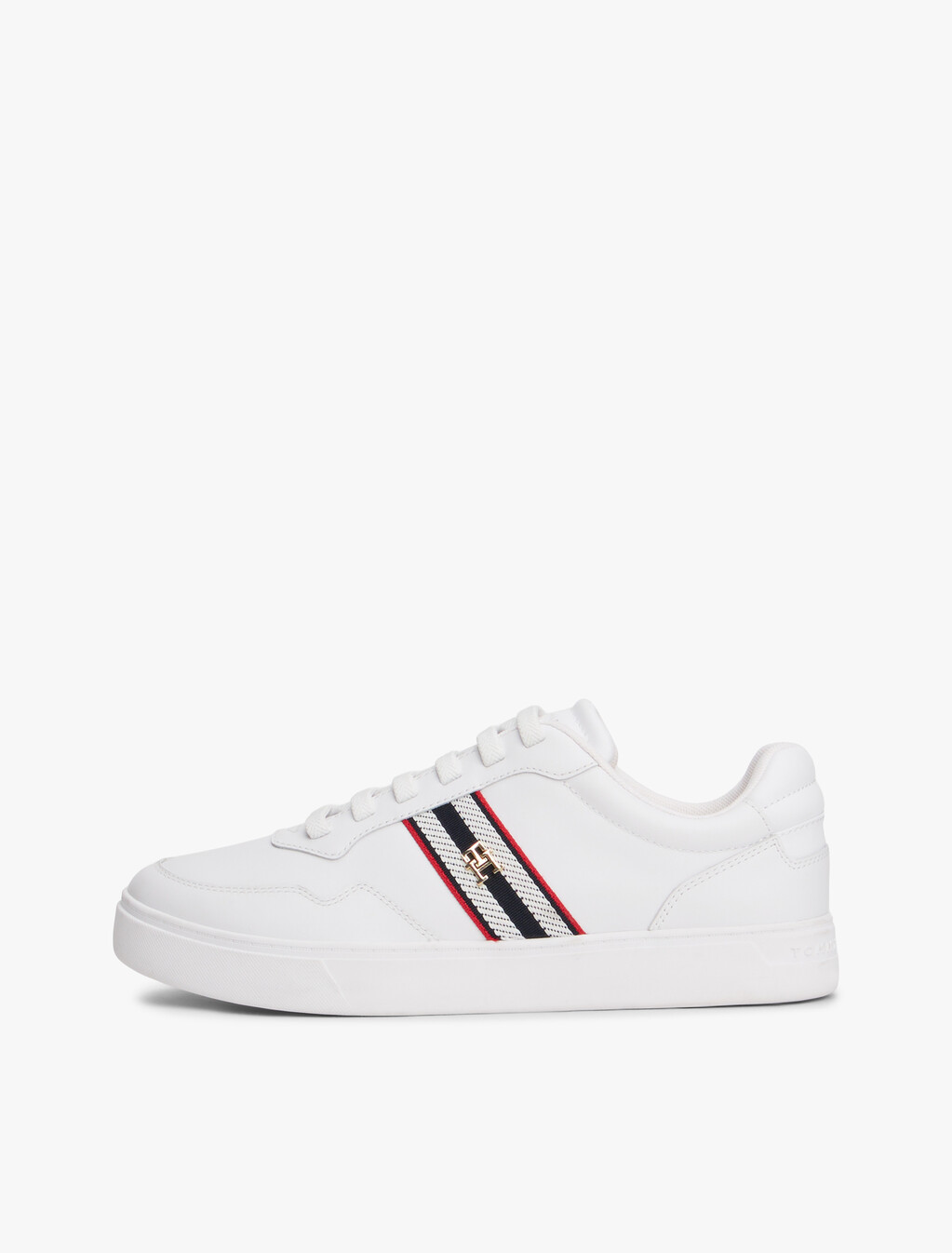 Webbing Stripe Leather Cupsole Trainers, White, hi-res