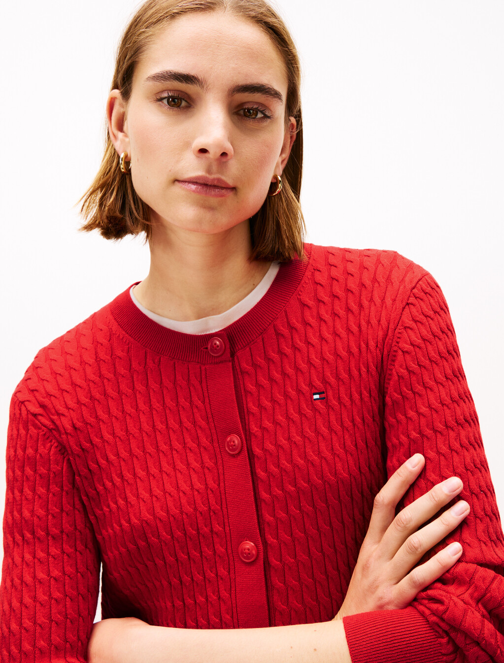 Cable Knit Crew Neck Cardigan, Primary Red, hi-res