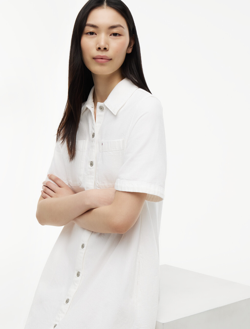 Textured Twill A-Line Mini Shirt Dress, Ancient White, hi-res