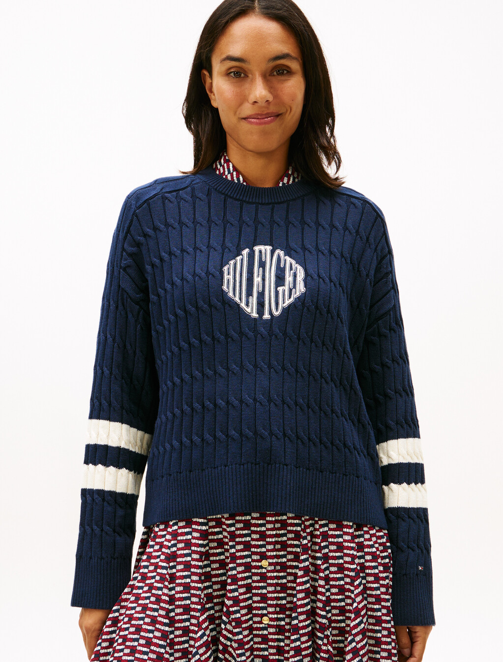 Logo Embroidery Relaxed Cable Knit Jumper, Dark Night Navy, hi-res