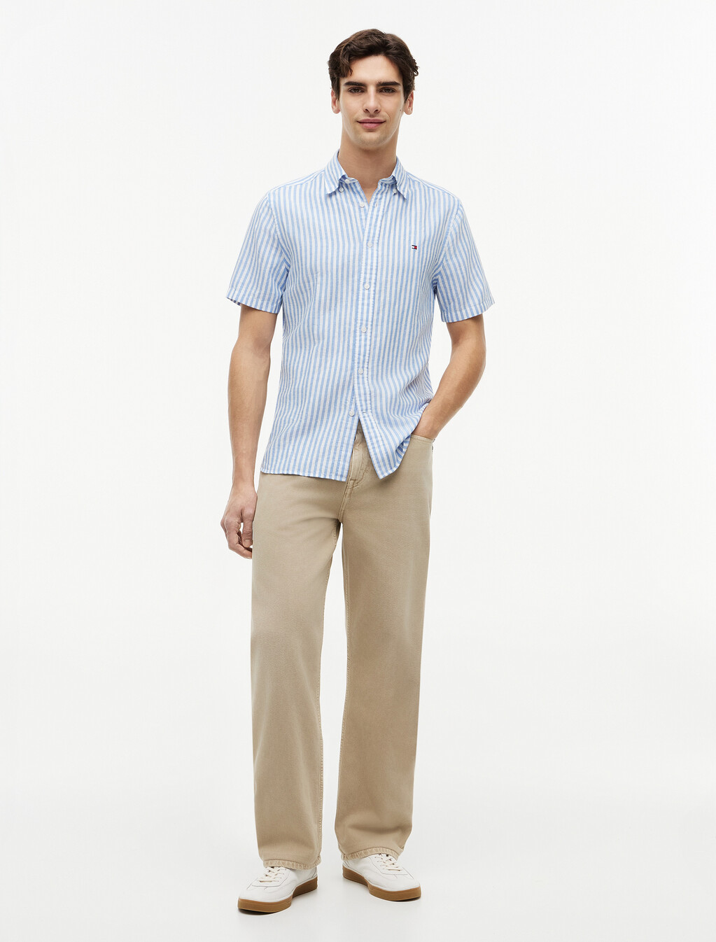 Regular Linen Blend Bengal Stripe Short Sleeve Shirt, Blue Spell / Stripe, hi-res